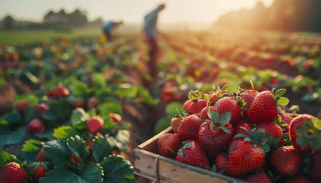 Crate full of freshly picked red strawberries standing at farm field, farmers picking berries on background