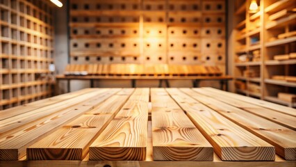 Fototapeta premium Wooden Table with a Blurred Background of Wooden Shelves and a Wall of Wooden Squares