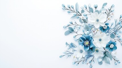 Minimalist winter floral scene with subtle blues and whites on a light background, evoking calm and simplicity
