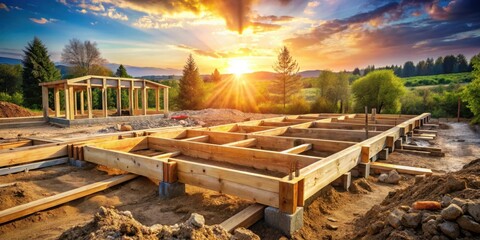 Fototapeta premium Wooden Foundation Beams Set Against a Scenic Sunset Sky with Lush Greenery