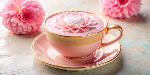 A delicate pink teacup with a golden rim, filled with a floral latte adorned with a pink flower-shaped marshmallow, resting on a matching saucer,  surrounded by pink blossoms.
