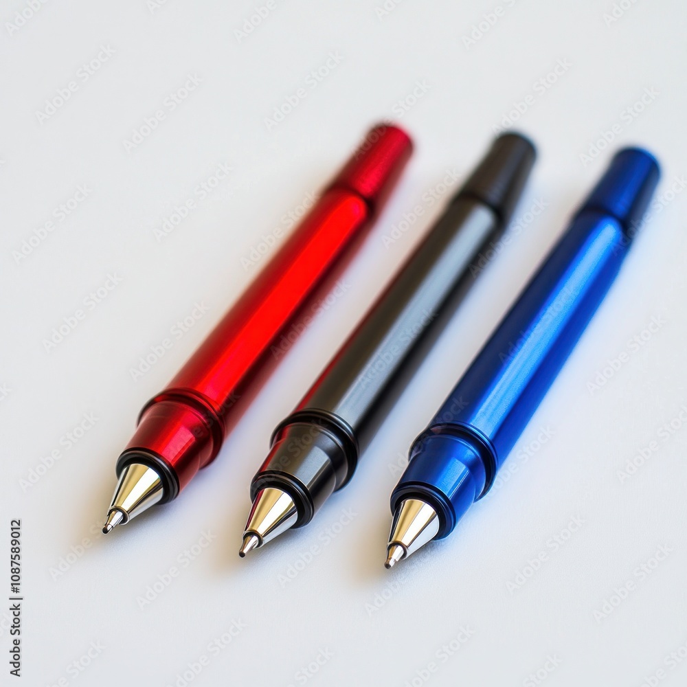 Poster three colorful pens arranged in a row on a plain background.