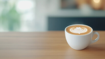 A Close-Up View of a Beautifully Crafted Latte in a White Cup with Intricate Foam Art on a Light Wooden Table in a Cozy Café Setting