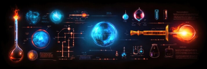 Obraz premium Futuristic glowing chemistry diagrams with scientific equipment and formulas