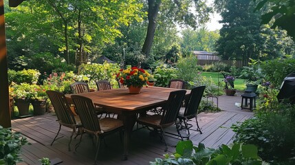 Obraz premium Elegant table and chairs on a garden deck, with fresh flowers as a centerpiece and lush green plants surrounding the space.