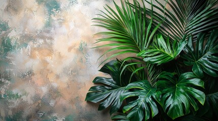 A lush green plant against a textured, muted wall background.