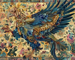 A vibrant, intricately designed mythical bird stands against a floral background, showcasing a blend of colors and artistic details.