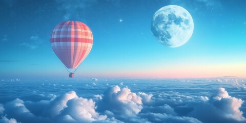 Fototapeta premium Balloon ascends gracefully, embarking on a journey towards the moon, as the balloon floats higher, captivating observers with its enchanting ascent towards the moon.