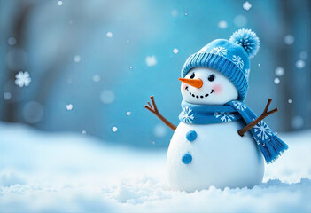 Fototapeta premium Funny snowman in blue knitted hat and scarf in the snow. New Year concept