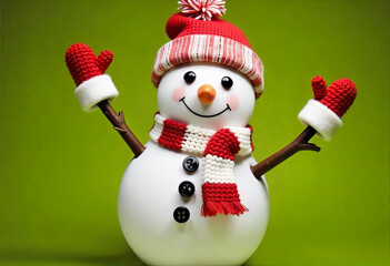 Funny snowman in a knitted hat and scarf in the snow. New Year concept