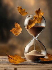 Hourglass with falling autumn leaves and sand on wooden table for time concept and seasonal change