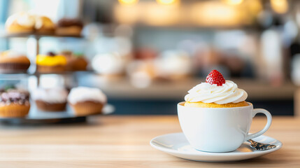Freshly Baked Cupcake with Whipped Cream and Strawberry on Wooden Table in Cozy Cafe Setting with Delicious Pastries in Background
