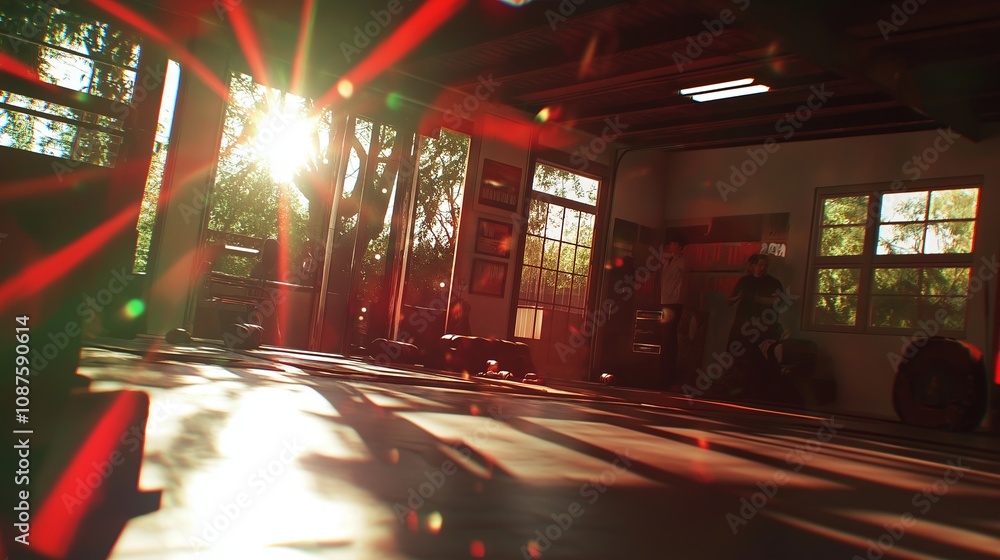 Poster a boxing session in a garage gym with sunlight streaming through open doors.