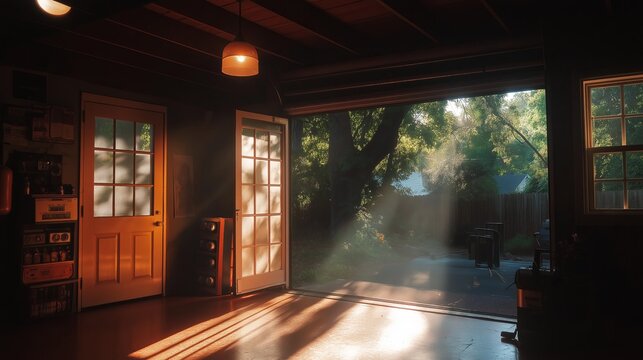 A boxing session in a garage gym with sunlight streaming through open doors.