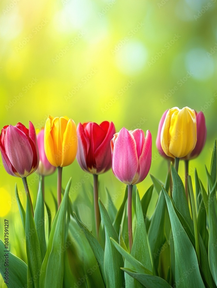Poster a vivid display of tulips in various colors flourishes in a green meadow, celebrating the arrival of