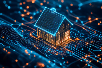 Obraz premium Abstract digital background featuring a small house resting delicately on a large hand, symbolizing care, protection, and the concept of homeownership.