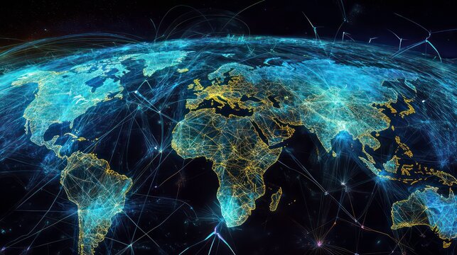A stylized image of the Earth with glowing lines connecting the continents, representing global connectivity.