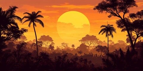 Twilight sky features a stunning sunset over rainforest, where the silhouettes of trees in jungle create a captivating scene of natural beauty during sunset.