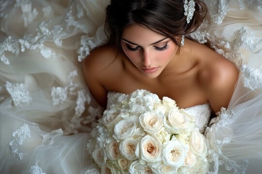 Bride holding white roses bouquet wearing elegant wedding dress