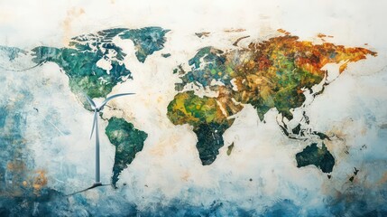 Wind Energy Energy Grids, Clean Power, and Global Impact shown in a global map where wind energy is integrated into energy grids, representing the global impact of clean power distribution