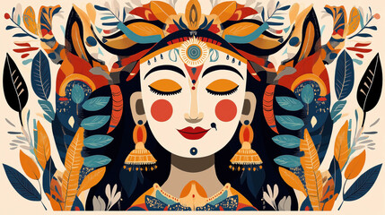 Colorful abstract illustration of a serene woman's face with closed eyes surrounded by vibrant leaves and intricate patterns in orange, blue, and red hues.