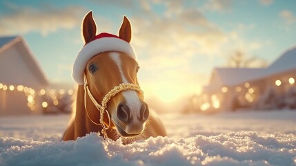 Festive horse in santa hat enjoying winter snow at sunset