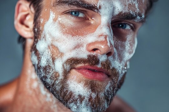 Handsome man washing his face and beard with soap foam