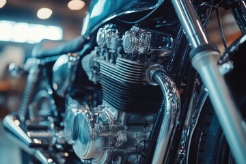 Powerful chrome engine of a custom motorcycle shining under lights