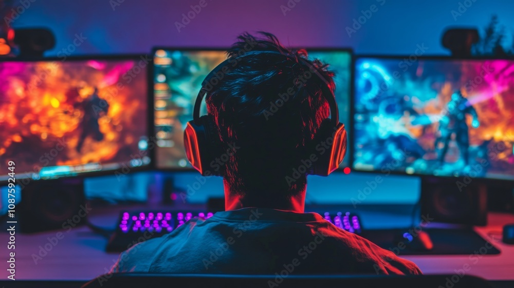 Poster A person sits before three computer monitors displaying intense video game action. They wear headphones and are fully engrossed in the game, illuminated by the vibrant screen lights.