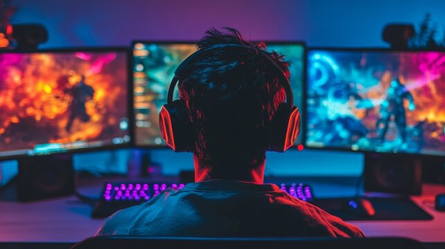 A person sits before three computer monitors displaying intense video game action. They wear headphones and are fully engrossed in the game, illuminated by the vibrant screen lights.