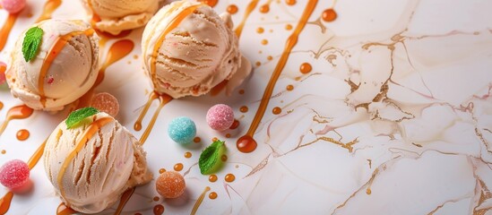 Delicious Ice Cream Scoops Garnished With Mint Leaves Candies And Caramel Sauce On Tiled Surface