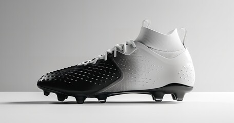 A prototype of a black and white soccer footwear with rubber cleats and a blank spot, Generative Ai.