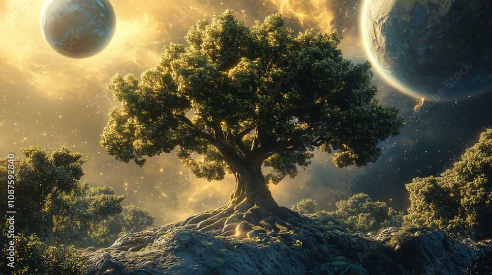 Poster a majestic tree stands on a rocky surface under a cosmic sky with planets, evoking a sense of wonder
