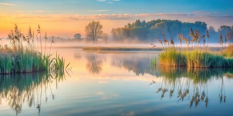 Obraz premium Misty Morning Reflections in a Serene Lake with Tall Grass and a Single Tree Silhouette