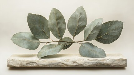 A minimalist arrangement of dried leaves on a textured stone base, showcasing natural beauty.