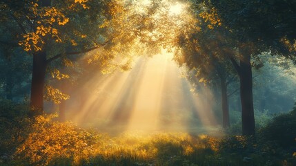 A misty forest with sunlight filtering through the trees, creating an ethereal and magical atmosphere. The photo captures the play of light on foliage and branches, creating a dreamlike scene. warmth.