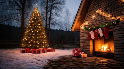 A Christmas tree is lit up and surrounded by presents