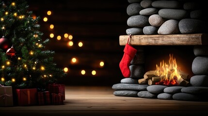 A fireplace with a red stocking hanging from it