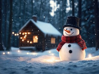 A snowman wearing a red scarf stands in front of a cabin