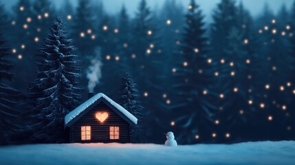 A small cabin with a heart on the roof sits in a snowy forest