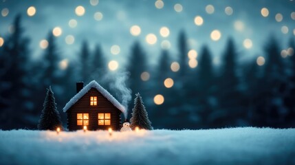 A small house with a chimney is lit up with candles and sits in a snowy field