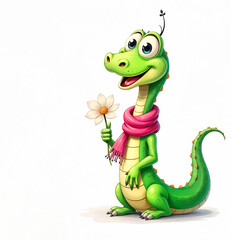 Fototapeta premium Illustration of a cartoon green lizard with a flower