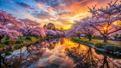 Obraz premium Surreal Garden of Cherry Blossom Dreams at Sunset – A Captivating Landscape of Sakura Blossoms Under a Colorful Sky for Tranquil Nature Wallpaper Inspiration