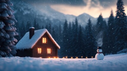 A small cabin in the woods with a snowman standing in front of it