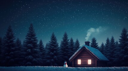 A cabin in the woods with a snowman standing in front of it