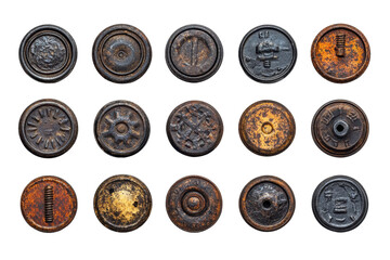 Top view of old rusty screw and bolt heads arranged in a grid pattern