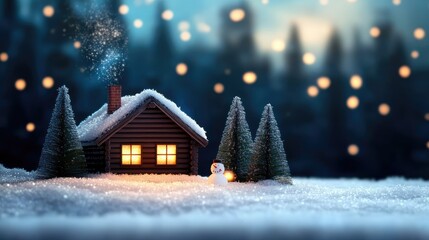 A small house with a chimney and a snowman in front of it