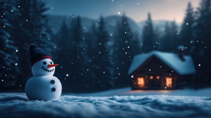 A snowman stands in the snow next to a house
