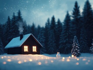 A small cabin in the woods with a snowman standing in front of it