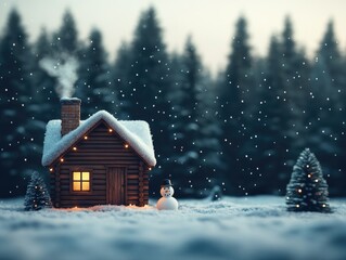 A small log cabin with a snowman in front of it